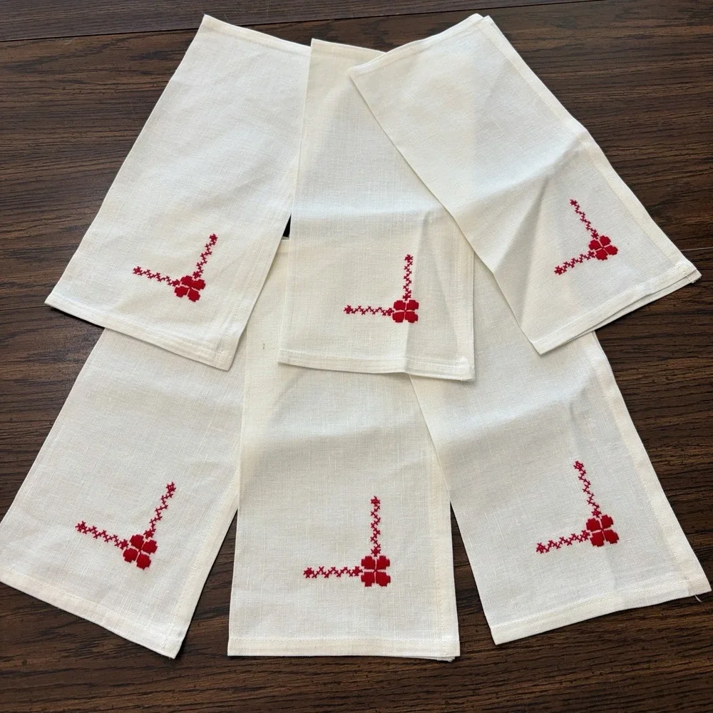 Vintage Cross Stitch Linen Tablecloth Napkin Set Red Black Folk Art Farmhouse